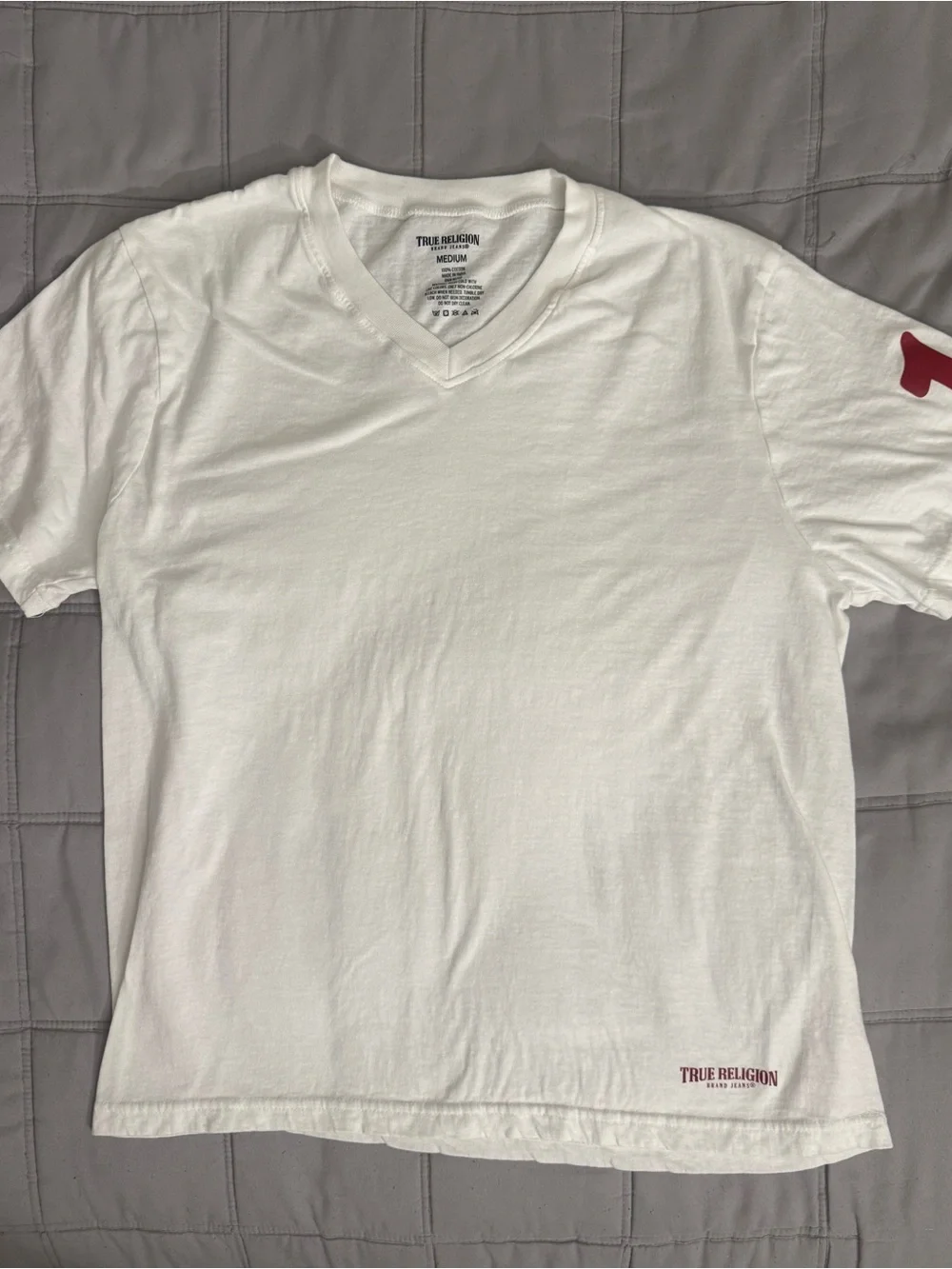 True Religion White V-Neck Tee with Red Accents
